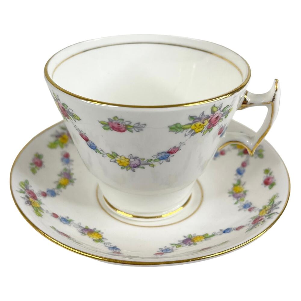 Phoenix Bone China Tea Cup & Saucer Set Floral Garland Gold Trim Vintage England